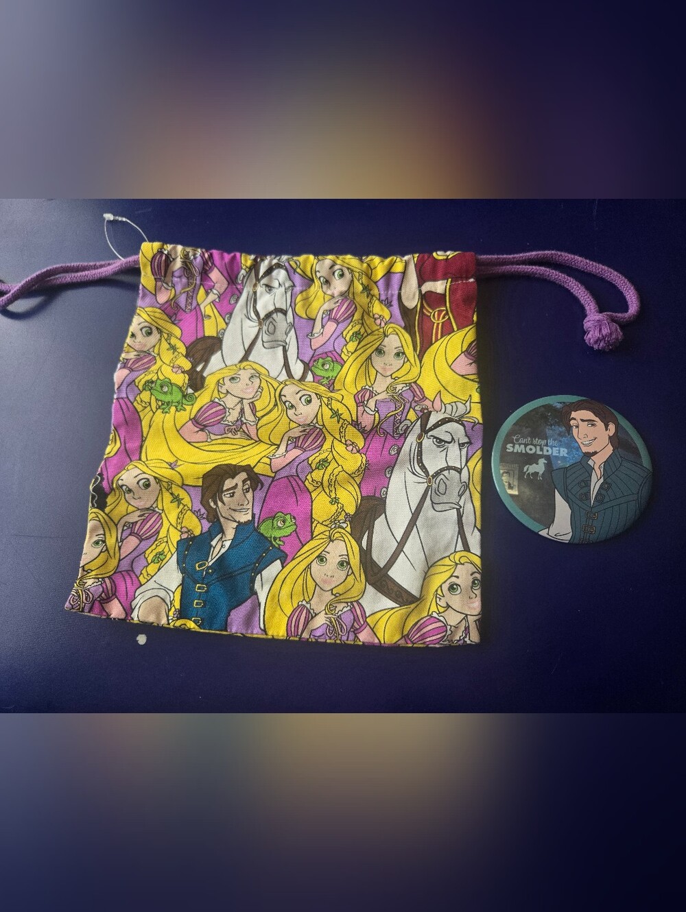 Rapunzel Print Drawstring Bag  & Flynn Rider Button